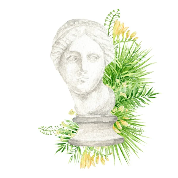 Ancient Greek Sculpture Venus Goddess Head Tropical Leaves Flowers Watercolor — Stockfoto