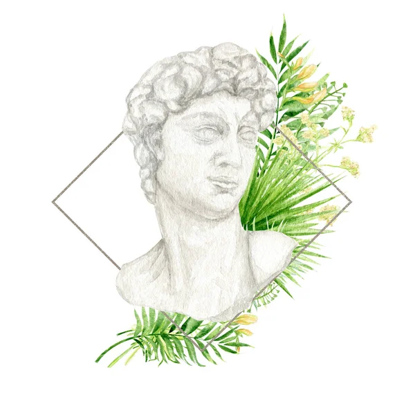 古代ギリシャの彫刻緑の花束とデビッド女神の頭 水彩アンティークギリシャ神話の像バスト手描きイラスト 穀物紙にミケランジェロの彫刻図面のデビッド顔 — ストック写真