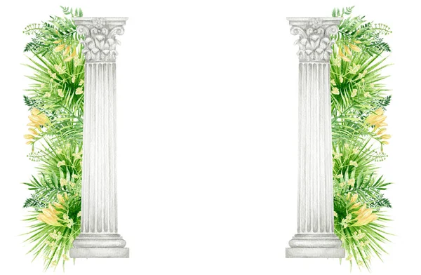 Watercolor Antique Corinthian Column Tropical Leaves Flowers Ancient Classic Greek — Stockfoto