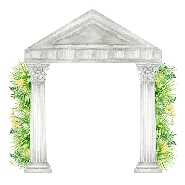 Watercolor antique corinthian column with tropical leaves flowers, Ancient Classic Greek Corinthian order, Roman Columns frame, Pillar Architecture drawing illustration isolated on white background.