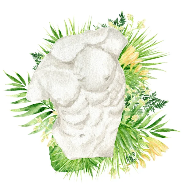 Древняя Греческая Скульптура Богиня Туловище Тропическими Листьями Цветы Акварель Античная — стоковое фото