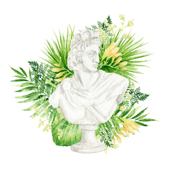 Ancient greek sculpture Apollo goddess head with tropical leaves flowers, Watercolor Antique Greece mythology statues bust hand drawn illustration, Apollon face sculpture drawing on grain paper.