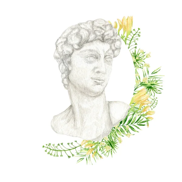 Ancient greek sculpture David goddess head with greenery bouquet, Watercolor Antique Greece mythology statue bust hand drawn illustration, David face of Michelangelos sculpture drawing on grain paper.