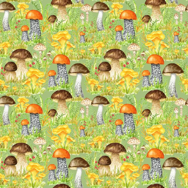 Autumn Watercolor Mushrooms Seamless Pattern Fall Hand Drawn Illustration Creating — Foto de Stock