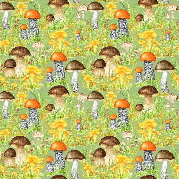 Autumn Watercolor mushrooms seamless pattern. Fall Hand drawn Illustration for creating fabrics, wallpapers, gift wrapping paper, invitations, textile, scrapbooking