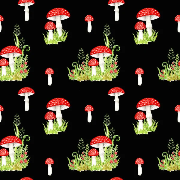 Watercolor fly agaric mushrooms seamless pattern. Hand drawn Illustration for creating fabrics, wallpapers, gift wrapping paper, invitations, textile, scrapbooking