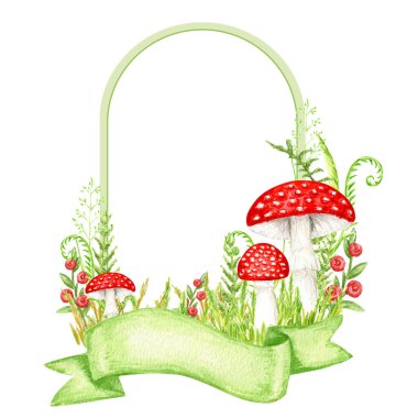 Amanita muscaria watercolor frame with ribbon banner, Fly agaric mushroom with grass. White spotted toxic red mushrooms. Hand drawn Illustration on white background