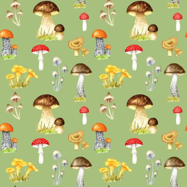 Watercolor mushrooms seamless pattern. Hand Illustration for creating fabrics, wallpapers, gift wrapping paper, invitations, textile, scrapbooking