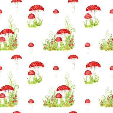 Watercolor fly agaric mushrooms seamless pattern. Hand drawn Illustration for creating fabrics, wallpapers, gift wrapping paper, invitations, textile, scrapbooking