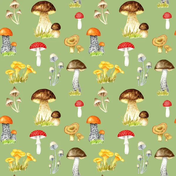 Watercolor mushrooms seamless pattern. Hand Illustration for creating fabrics, wallpapers, gift wrapping paper, invitations, textile, scrapbooking