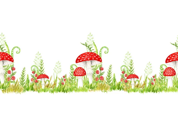 Amanita Muscaria Watercolor Seamless Border Fly Agaric Mushroom Grass White 免版税图库图片