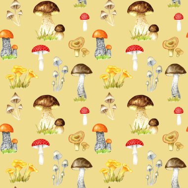 Watercolor mushrooms seamless pattern. Hand Illustration for creating fabrics, wallpapers, gift wrapping paper, invitations, textile, scrapbooking