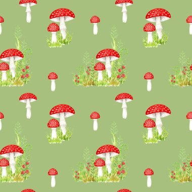 Watercolor fly agaric mushrooms seamless pattern. Hand drawn Illustration for creating fabrics, wallpapers, gift wrapping paper, invitations, textile, scrapbooking