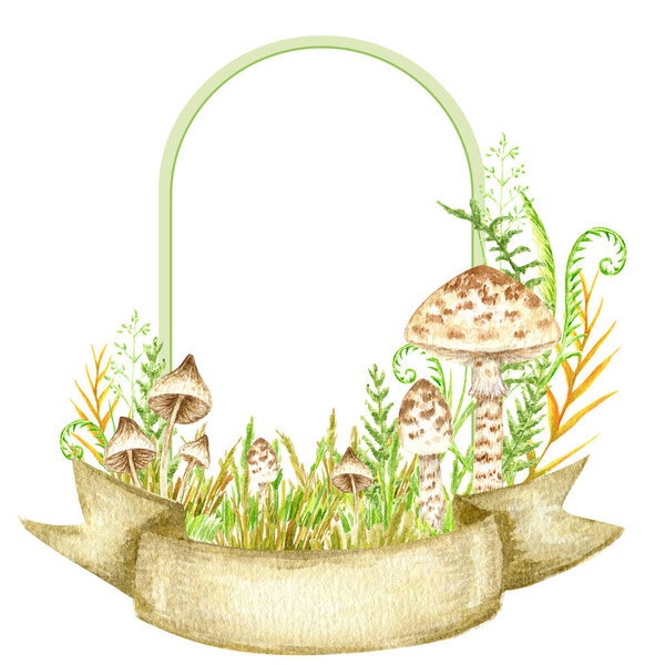 Poisonous mushrooms watercolor frame, toadstool, inedible toxic mushroom with ribbon banner, fly agaric, white toadstool. Isolated hand drawn illustration on a white background.
