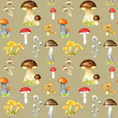 Watercolor mushrooms seamless pattern. Hand Illustration for creating fabrics, wallpapers, gift wrapping paper, invitations, textile, scrapbooking