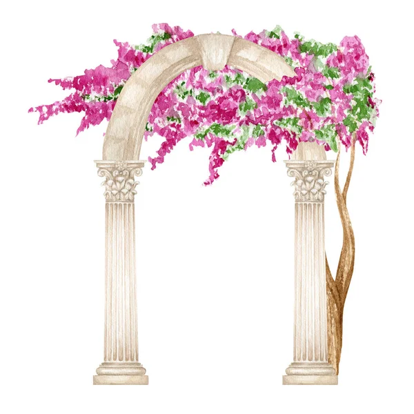 Watercolor Antique Arch Column Corinthian Order Bright Pink Flowers Ancient — Fotografia de Stock