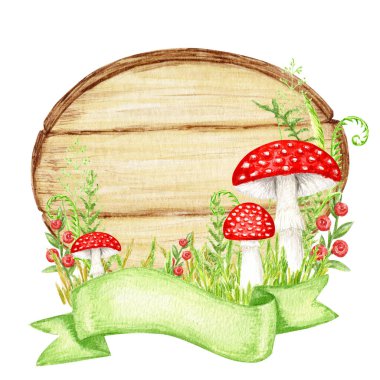 Amanita muscaria watercolor wooden signboard frame with ribbon banner, Fly agaric mushroom with grass, wood banners, planks, board. White spotted toxic red mushrooms. Hand drawn Illustration.