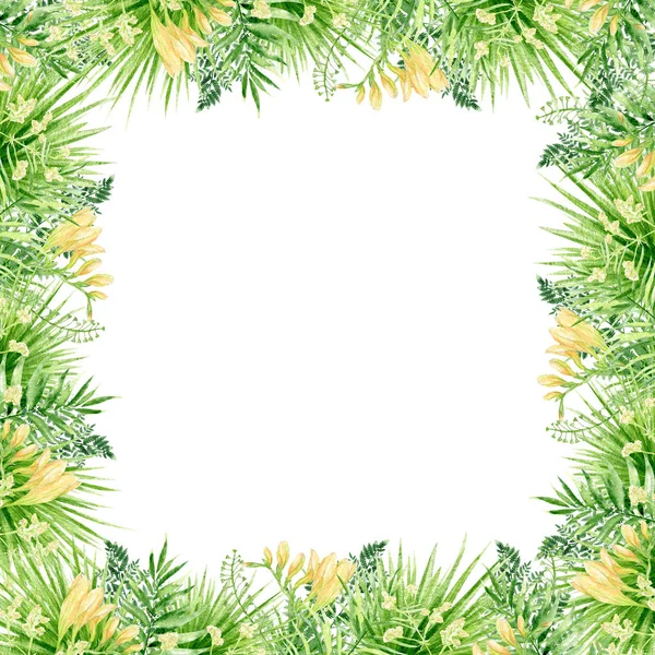 Watercolor Tropical Leaves Border Frame Floral Greenery Trendy Hand Painted — Foto Stock