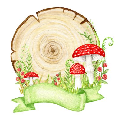 Amanita muscaria watercolor wooden signboard frame with ribbon banner, Fly agaric mushroom with grass, wood banners, planks, board. White spotted toxic red mushrooms. Hand drawn Illustration.