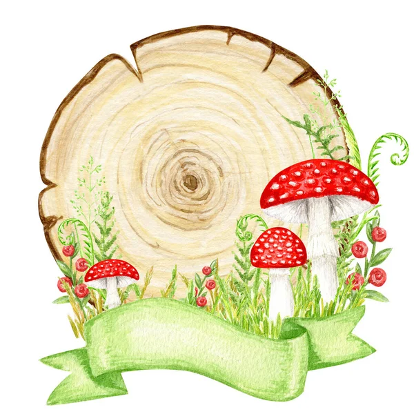 Amanita muscaria watercolor wooden signboard frame with ribbon banner, Fly agaric mushroom with grass, wood banners, planks, board. White spotted toxic red mushrooms. Hand drawn Illustration.