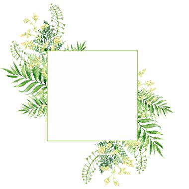 Watercolor tropical leaves square frame, floral greenery trendy Hand painted isolated illustration, tropic summertime jungle motif banner, birthday greeting, Invitation template.