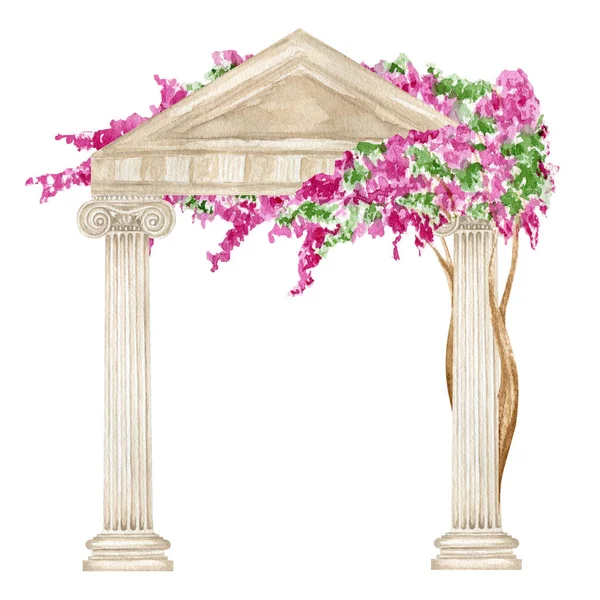 Watercolor Antique Arch Column Ionic Order Bright Pink Flowers Ancient — Stockfoto