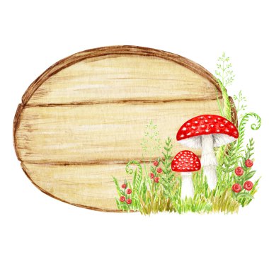 Amanita muscaria watercolor wooden signboard frame, Fly agaric mushroom with grass, wood banners, planks, board. White spotted toxic red mushrooms. Hand drawn Illustration.