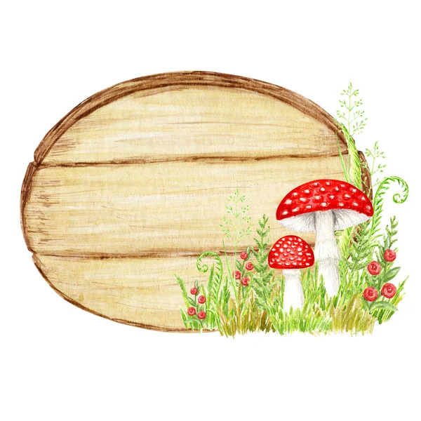 Amanita Muscaria Watercolor Wooden Signboard Frame Fly Agaric Mushroom Grass —  Fotos de Stock