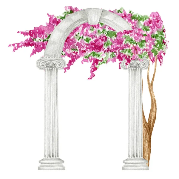 Watercolor Antique Arch Column Ionic Order Bright Pink Flowers Ancient — Stockfoto