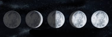 Moon phases on sky dark background. Galaxy Hand drawn watercolor illustration of cycle from new to full moon