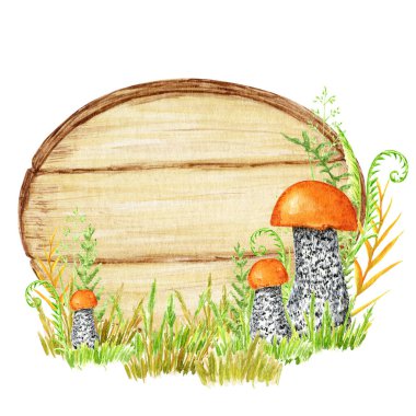 Boletus Mushrooms watercolor wooden signboard frame, mushroom with grass, wood banners, planks, board. Hand drawn isolated Illustration.