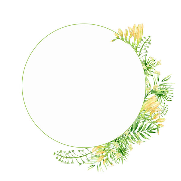 Watercolor tropical leaves round frame, floral greenery trendy Hand painted isolated illustration, tropic summertime jungle motif banner, birthday greeting, Invitation template.