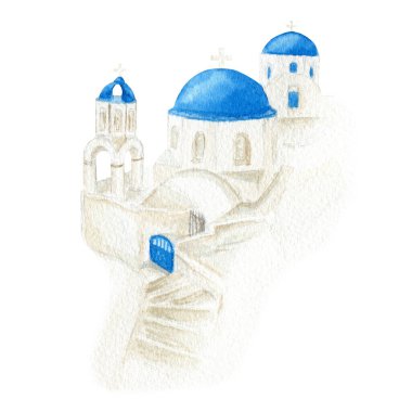Suluboya Santorini Yunanistan illüstrasyonu. Ege Denizi 'ndeki Caldera üzerinde geleneksel mavi ve beyaz kubbe kilisesi. Santorini adasındaki Oia köyü. Yunan mimarisi.