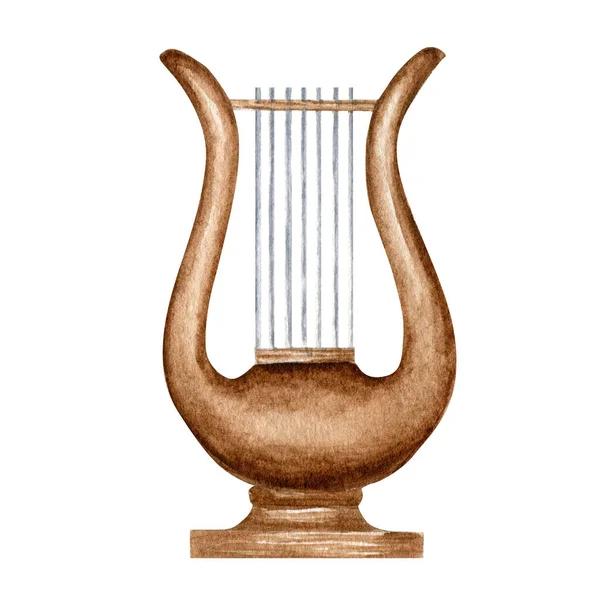 Wooden Antique Lyre Medieval Harp Watercolor Illustration Isolated White Background — 스톡 사진