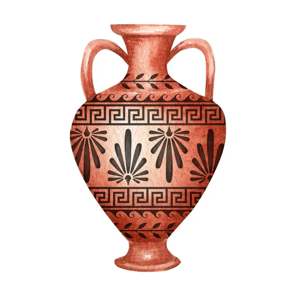 古代ギリシャ陶器水彩アンティークギリシャの花瓶テラコッタジャグ 古い粘土アンフォラ ワインのための瓶 オリーブオイル ヴィンテージセラミックアイコン絶縁イラスト — ストック写真