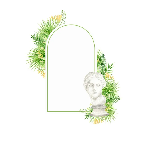 Akvarell Tropiska Blad Fyrkantig Ram Venus Gudinna Huvud Blommig Grönska — Stockfoto