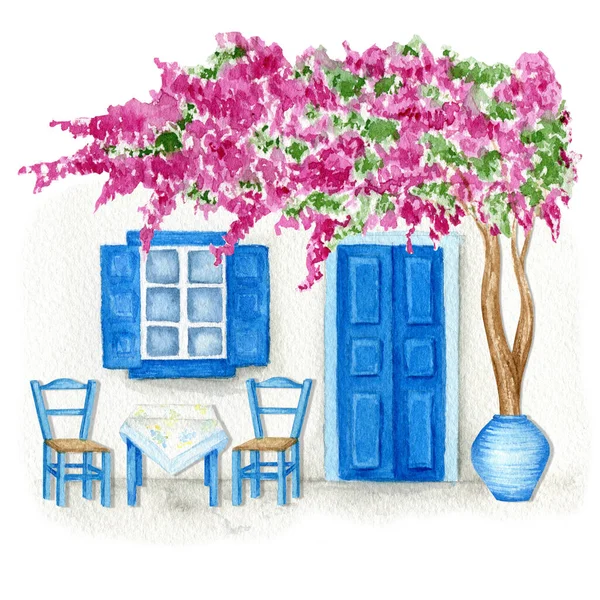 传统希腊房子 花卉水彩画 白色背景孤立 希腊岛屿蓝色白色传统餐馆建筑 桑托里尼蓝色门窗 图库图片
