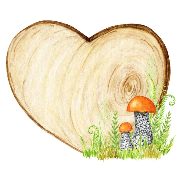 Bolet Champignons Aquarelle Panneau Bois Cadre Coeur Champignon Avec Herbe — Photo