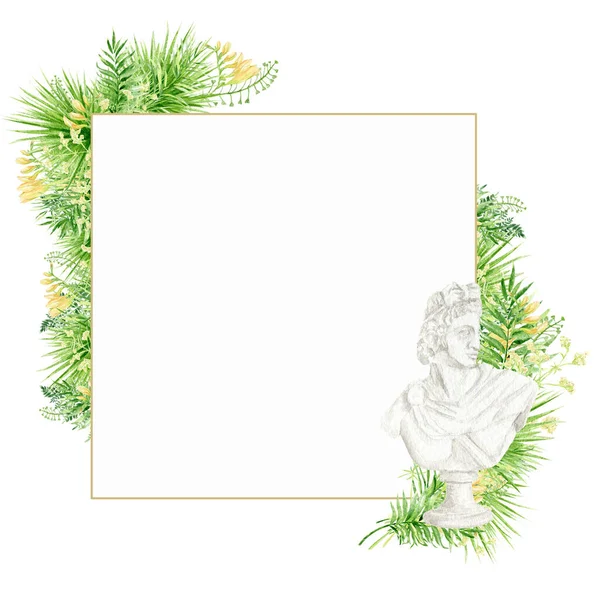 Akvarell Tropiska Blad Fyrkantig Ram Apollo Gudinna Huvud Blommig Grönska — Stockfoto
