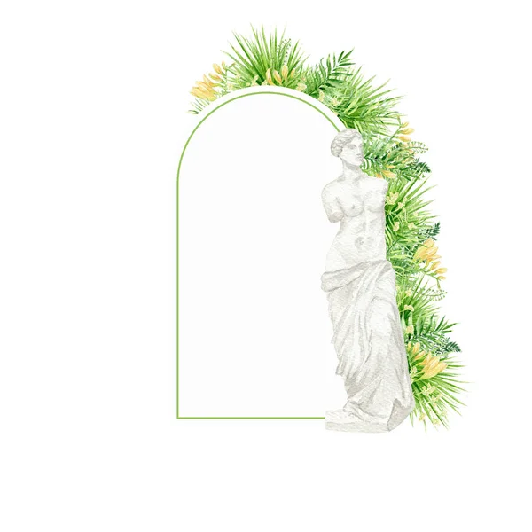 Akvarell Tropiska Blad Fyrkantig Ram Venus Gudinna Huvud Blommig Grönska — Stockfoto