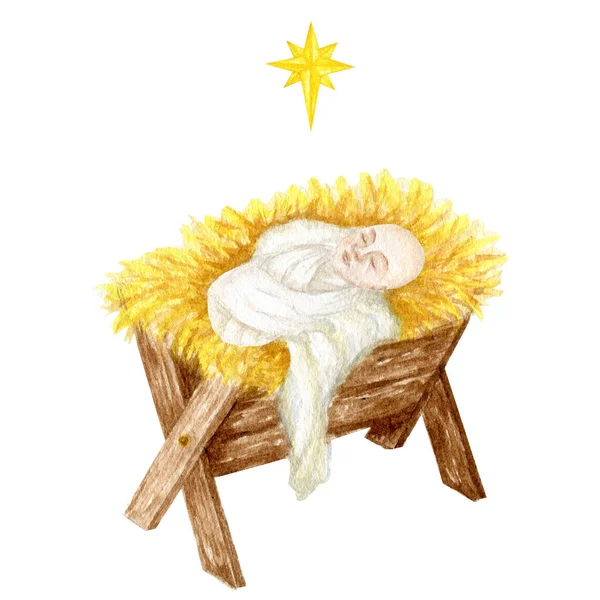 Nascita Gesù Cristo Presepe Legno Stella Betlemme Presepe Natalizio Acquerello — Foto Stock