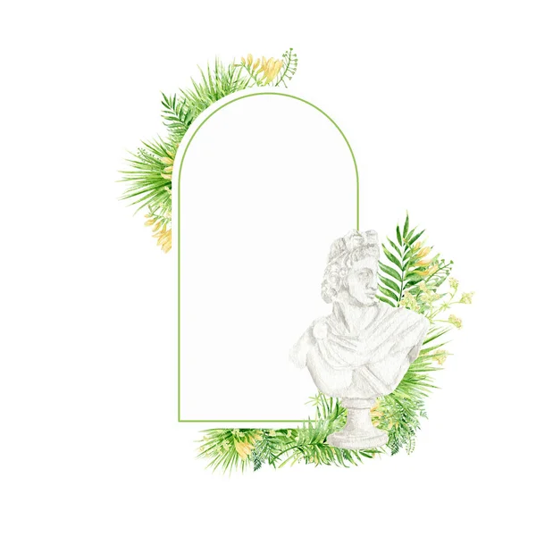 Akvarell Tropiska Blad Fyrkantig Ram Apollo Gudinna Huvud Blommig Grönska — Stockfoto