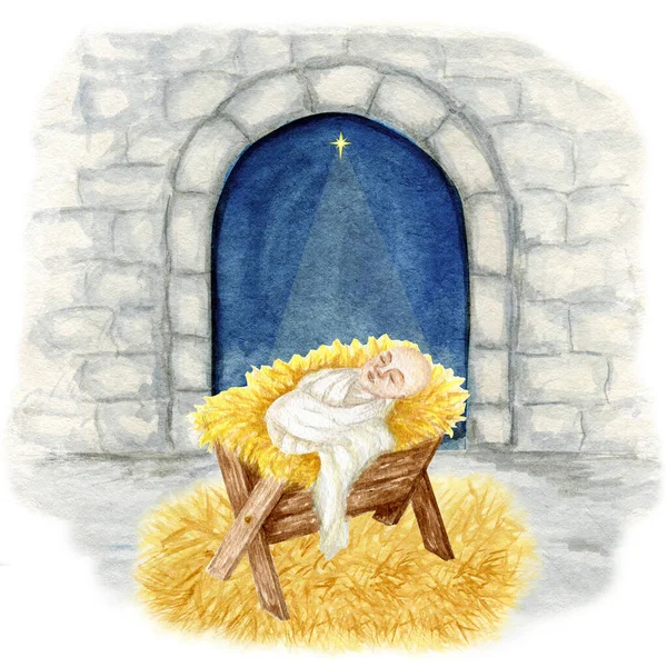 Birth of Jesus Christ. Wooden manger and star of Bethlehem, christmas nativity scene watercolor illustration. Son of God.
