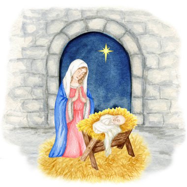 Meryem Ana ve çocuk İsa, beyaz arka planda izole edilmiş bebek İsa 'nın suluboya resimlerini tutan Aziz Bakire Meryem. Doğum Noel 'i