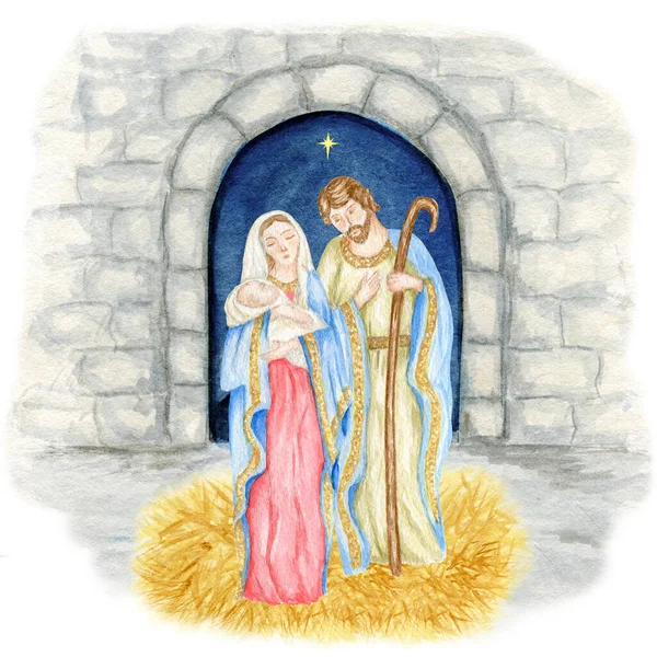 Christmas Nativity Scene Holy Family Watercolor Illustration Madonna Child Jesus — Stock Photo, Image