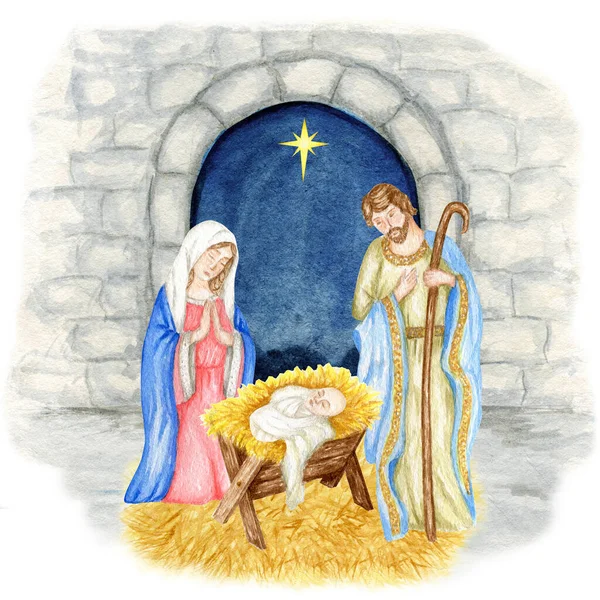Kerststal Met Heilige Familie Aquarel Illustratie Madonna Kind Jezus Sint — Stockfoto