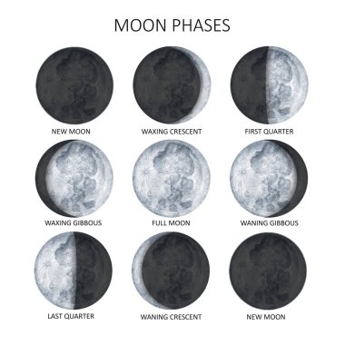 Moon phases on white background. Galaxy Hand drawn isolated watercolor illustration of cycle from new to full moon