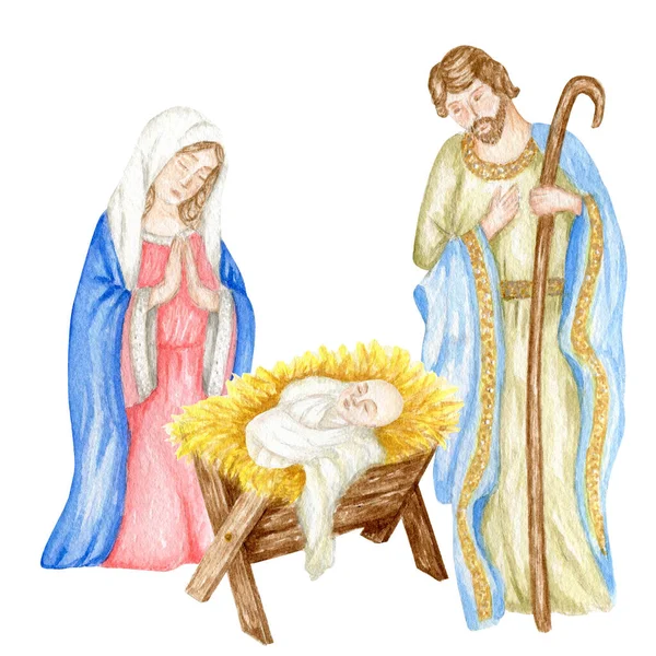 聖家族の水彩画のイラストとクリスマスのネイティブシーン マドンナ 子イエス 聖ヨセフ 聖母マリアは赤ちゃんを保持イエス キリスト 白い背景に描かれた手 — ストック写真