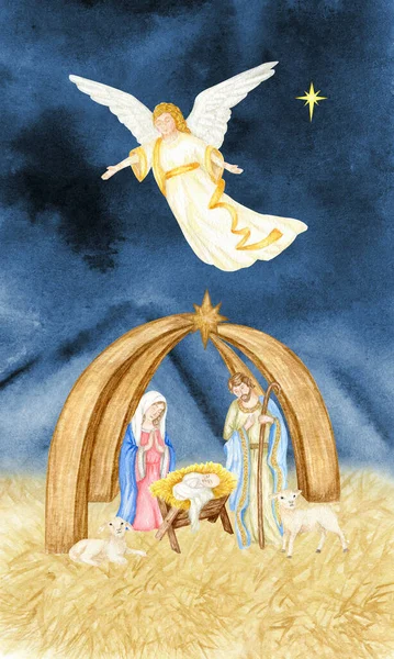 Aquarel Kerststal Kerstkaart Kerststal Met Heilige Familie Engel Illustratie Madonna — Stockfoto