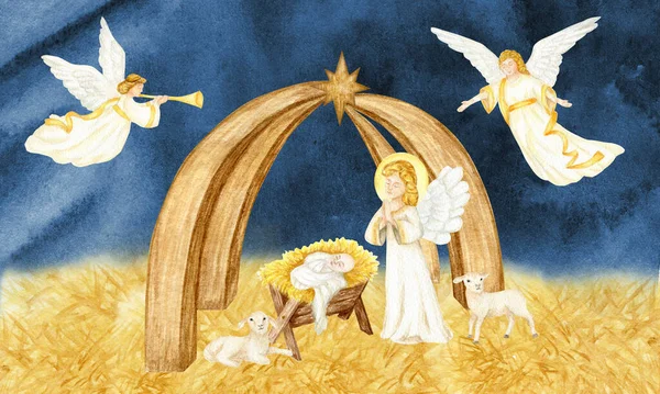 Watercolor Christmas nativity greeting card, nativity scene with the Holy Family, Angel, sheep illustration, Baby child Jesus. Horizontal greeting card design.